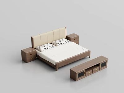 Double Bed With Upholstered Headboard Wooden Nightstands And Storage Drawers Design 3d model