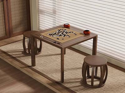 Japanese Tatami Room Interior With Wooden Go Board Table And Stools Near Window Blinds 3d model