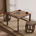 Japanese Tatami Room Interior With Wooden Go Board Table And Stools Near Window Blinds