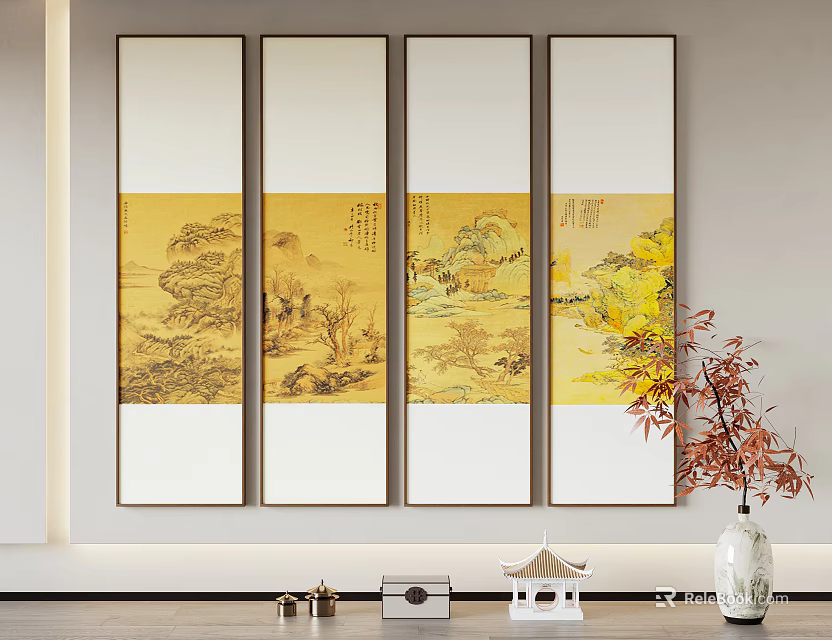 Traditional Chinese Landscape Paintings Four Panel Wall Art With Mountain And Tree For Interior Decoration 3d model 