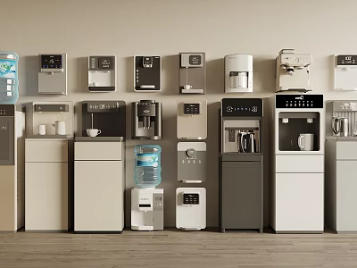 Various Modern Kitchen Appliances of Different Types Displayed in Row 3d model