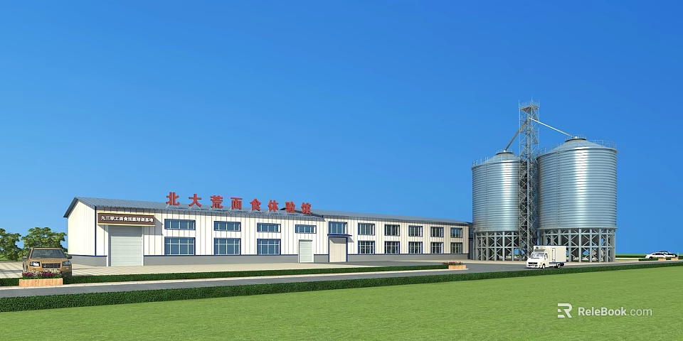 Industrial Factory Building Food Grade With Large Silver Silos Blue Sky Green Lawn And White Truck 3d model 