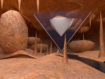 Breathtaking Cave Scenery With Red Rocks Stalactites Triangular Transparent Structure Diamond Shaped Object And Stream 3d model