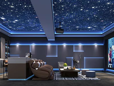 Modern Home Theater Room With Starry Ceiling Blue Lighting And Comfortable Seating 3d model
