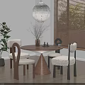 Wooden Dining Table with Four Chairs Vase Candles and Indoor Plant Near Window Blinds