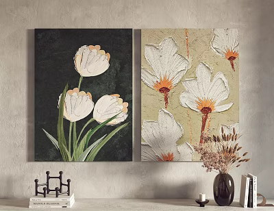 White Tulip and Daisy Plant Paintings with Green Stems on Dark and Light Textured Backgrounds 3d model