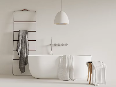 Free Standing White Bathtub With Gray Towel Rack And White Pendant Light In Modern Bathroom 3d model