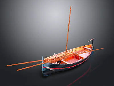 Traditional Wooden Watercraft With Oars Mast And Blue Red Hull Design 3d model