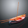 Traditional Wooden Watercraft With Oars Mast And Blue Red Hull Design