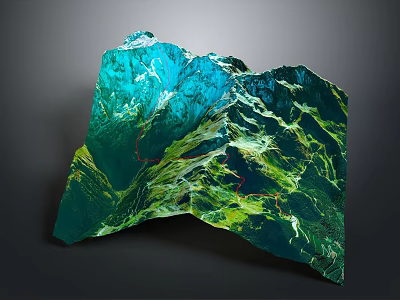 3D Mountainous Terrain Model With Blue Green Hues And Detailed Elevation Texture 3d model