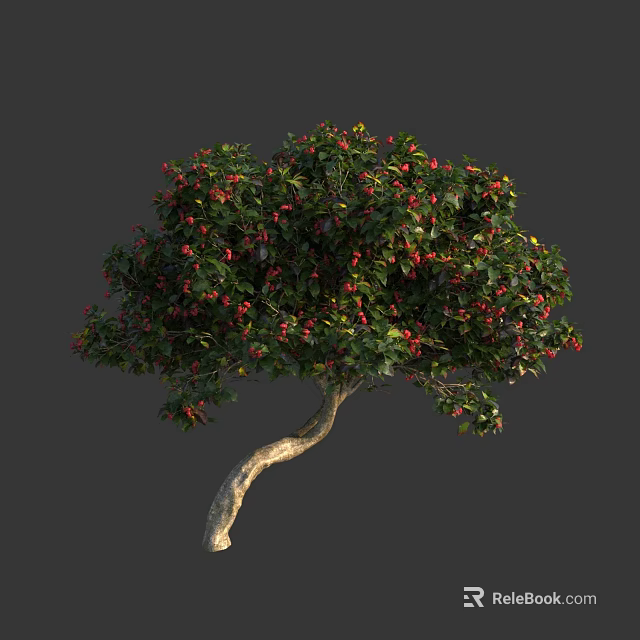 Lush Green Bush with Red Berries and Curved Trunk in Natural Setting 3d model 