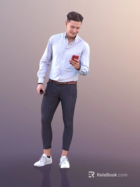 Man Standing in Light Blue Shirt and Dark Jeans Holding Red Mobile Phone 3d model 
