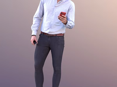 Man Standing in Light Blue Shirt and Dark Jeans Holding Red Mobile Phone 3d model