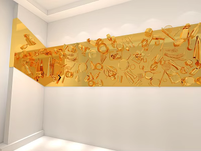 Golden Wall Decorated With Various Daily Necessities Patterns Like Scissors Spoon And Cup 3d model