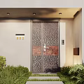 Textured Metal Front Entrance Door With Circular Design Green Plants And House Number