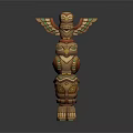 Traditional Wooden Totem Pole With Stacked Owl Figures And Colorful Carvings