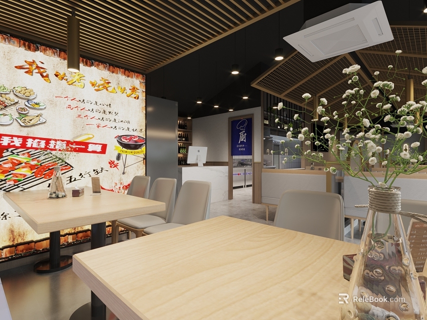 Cozy Restaurant Interior With Food Posters On Walls Wooden Tables And Flower Vases 3d model 