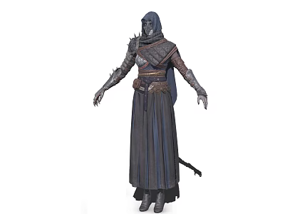 Hooded Armored Warrior In Dark Robe With Leather Belt And Mystic Creature Ally 3d model