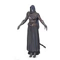 Hooded Armored Warrior In Dark Robe With Leather Belt And Mystic Creature Ally
