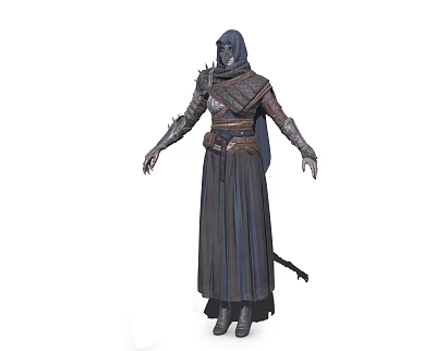 Hooded Armored Warrior In Dark Robe With Leather Belt And Mystic Creature Ally 3d model