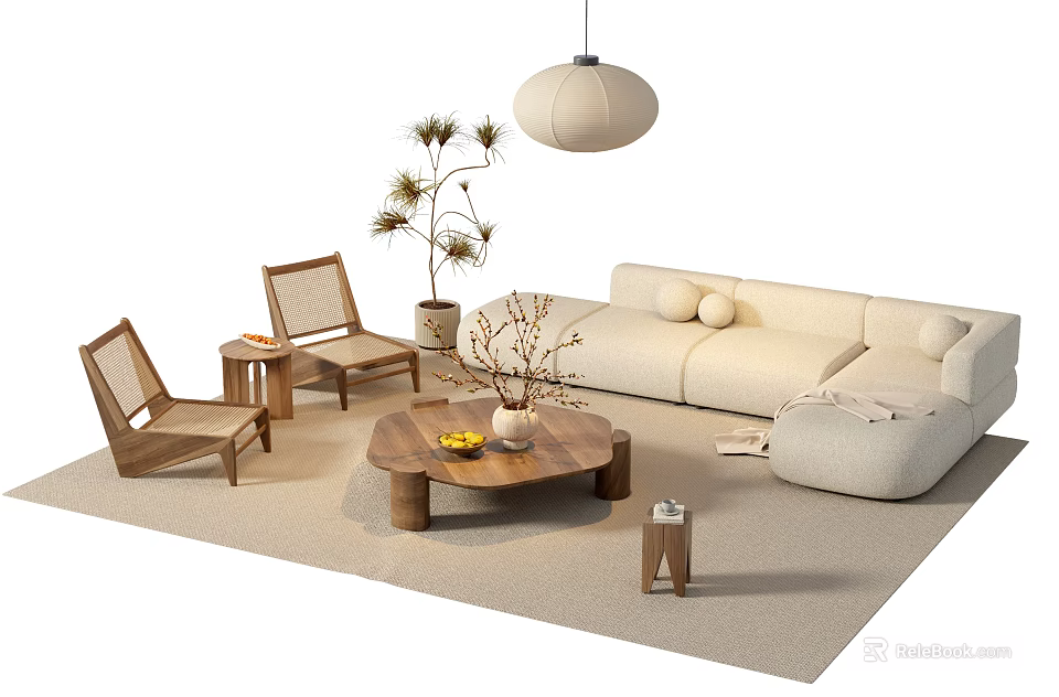 Neutral Tones Sofa and Coffee Table Set With Wooden Chairs Hanging Lamp and Potted Plant 3d model 