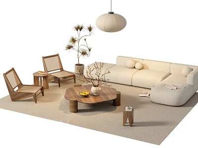 Neutral Tones Sofa and Coffee Table Set With Wooden Chairs Hanging Lamp and Potted Plant 3d model