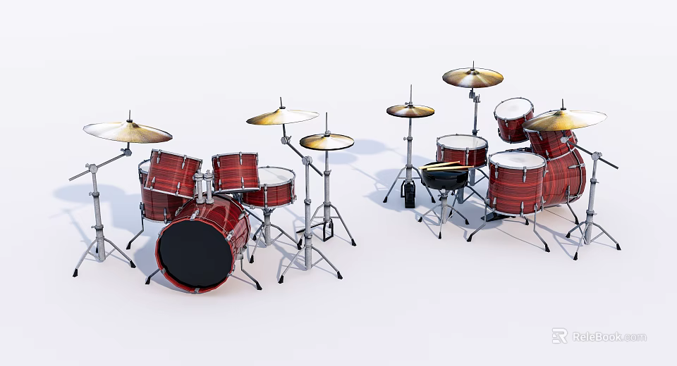 Red Wooden Drum Set With Golden Cymbals And Metal Stands For Musical Instruments 3d model 
