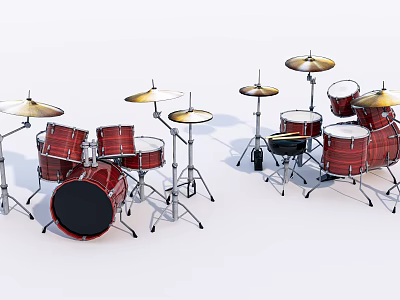 Red Wooden Drum Set With Golden Cymbals And Metal Stands For Musical Instruments 3d model