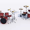 Red Wooden Drum Set With Golden Cymbals And Metal Stands For Musical Instruments