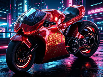 Red Futuristic Motorcycle With Neon Glowing Details In Cyberpunk City Night 3d model