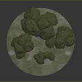 Lush Green Trees with Rounded Spherical Canopies on Circular Grass Base with Stones and Animals