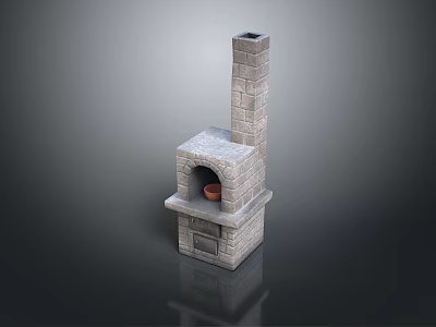 Traditional Stone Masonry Stove Structure With Chimney And Clay Pot In Firebox 3d model