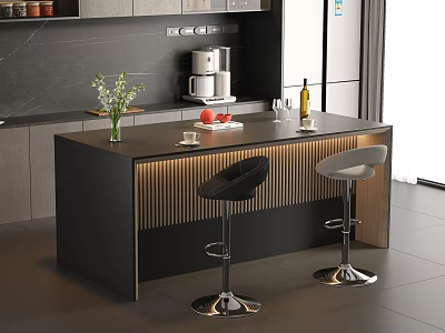 Modern Bar Counter Featuring Flower Vase Fruit Wine Glasses And Black Gray Bar Stools 3d model