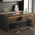 Modern Bar Counter Featuring Flower Vase Fruit Wine Glasses And Black Gray Bar Stools