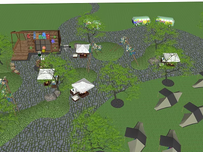 Outdoor Camp Site With Trees Tents Wooden Stall And Stone Path 3d model