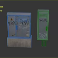 Metal Computer Equipment Cabinets With Graffiti Ventilation Holes And Handles On Stone Base And Stands
