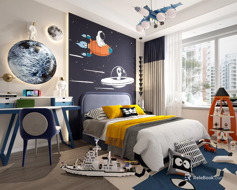 Space Themed Kids Bedroom Interior With Astronaut Spaceship Mural Moon Decor And Yellow Pillows 3d model 