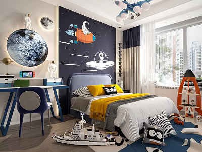 Space Themed Kids Bedroom Interior With Astronaut Spaceship Mural Moon Decor And Yellow Pillows 3d model