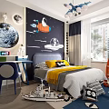 Space Themed Kids Bedroom Interior With Astronaut Spaceship Mural Moon Decor And Yellow Pillows