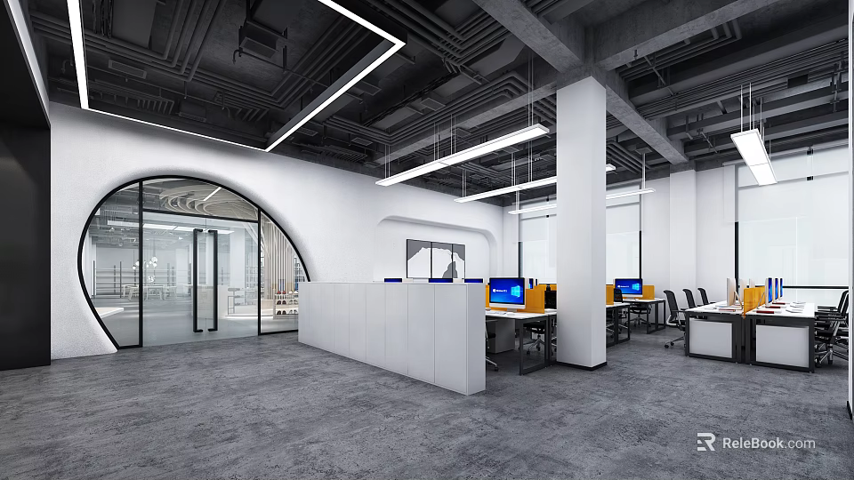 Modern Public Office Space Design With Open Layout White Partitions And Desktop Computers 3d model 