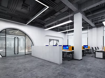 Modern Public Office Space Design With Open Layout White Partitions And Desktop Computers 3d model