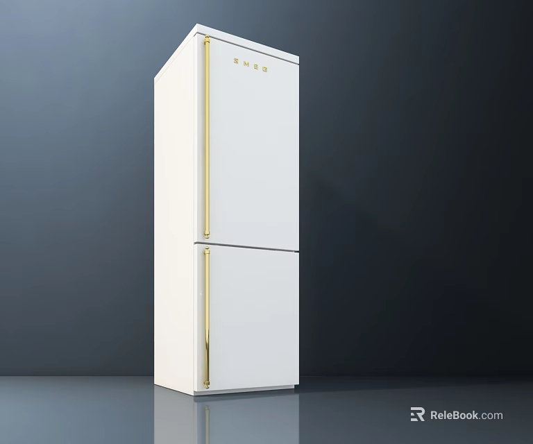 White Double Door Refrigerator Freezer With Modern Design And Gold Accents 3d model 