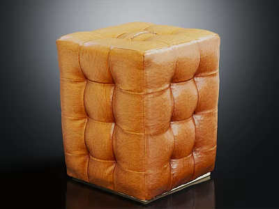 Comfortable Modern Brown Leather Tufted Square Ottoman With Gold Metal Base 3d model