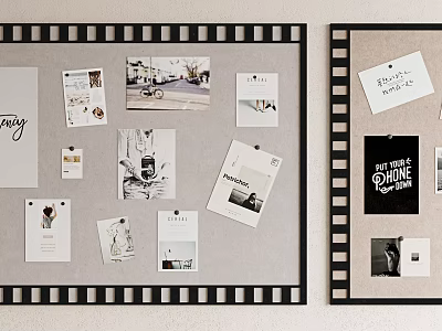 Stylish Wall With Decorative Bulletin Boards Displaying Photos Notes And Artworks 3d model