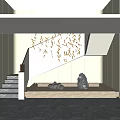 Modern Staircase Design With Hanging Decor Water Feature And Stone Sculptures