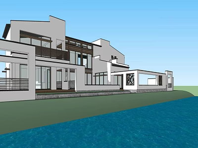 Modern Waterfront Detached Villa Design With White Exterior And Large Windows 3d model