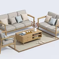 Cozy Modern Sofa and Coffee Table Set With Light Colored Cushions Wooden Frame and Rug