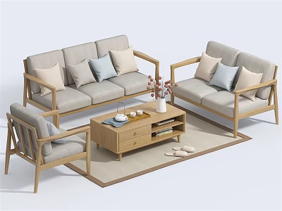 Cozy Modern Sofa and Coffee Table Set With Light Colored Cushions Wooden Frame and Rug 3d model