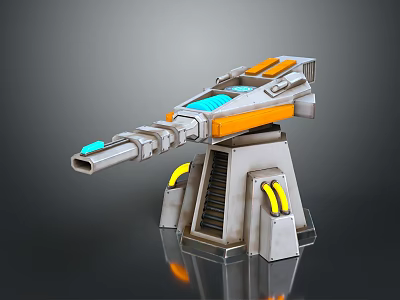 Futuristic Weapon Turret Structure With Orange Gray Body And Glowing Blue Yellow Accents 3d model