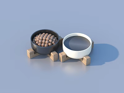 Household Bowls Set With Black Bowl Brown Balls White Bowl Liquid On Wooden Block Stand 3d model